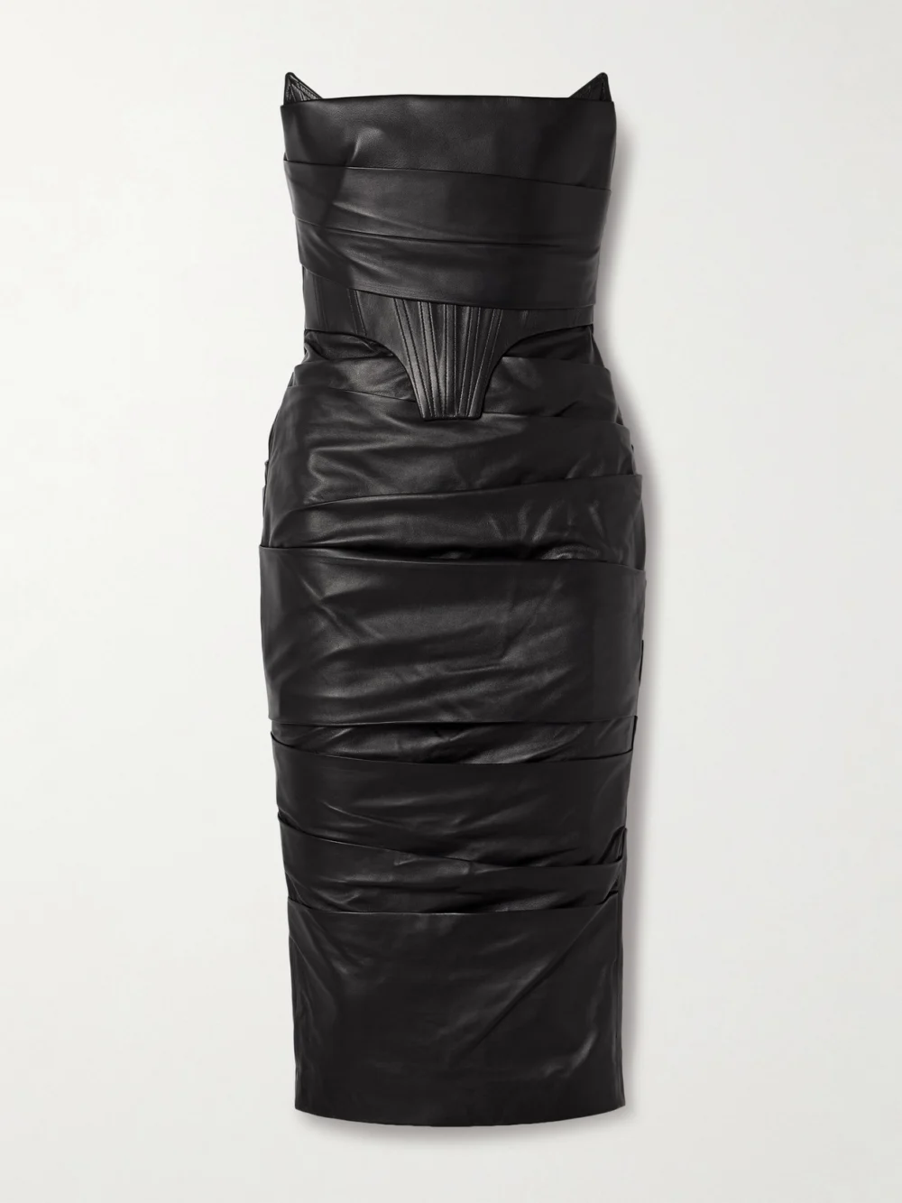 Alex Perry Strapless Ruched Leather Dress in black