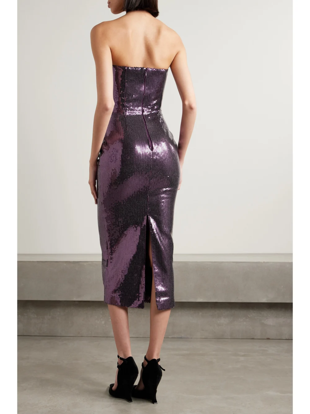 Back view of the Alex Perry Strapless Sequined Crepe Midi Dress