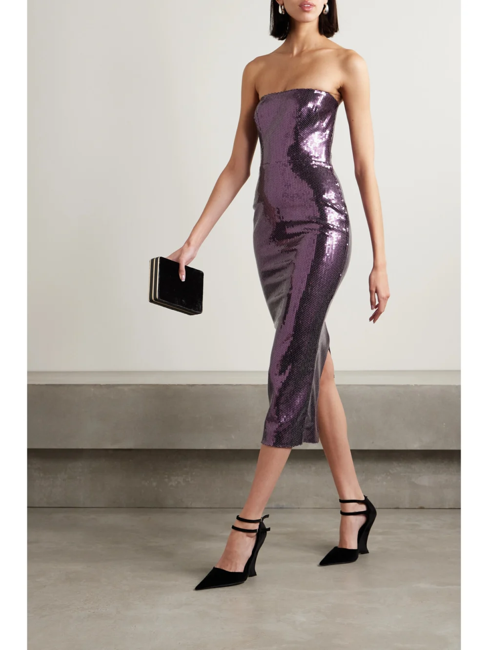 Alex Perry Strapless Sequined Crepe Midi Dress, worn by a model
