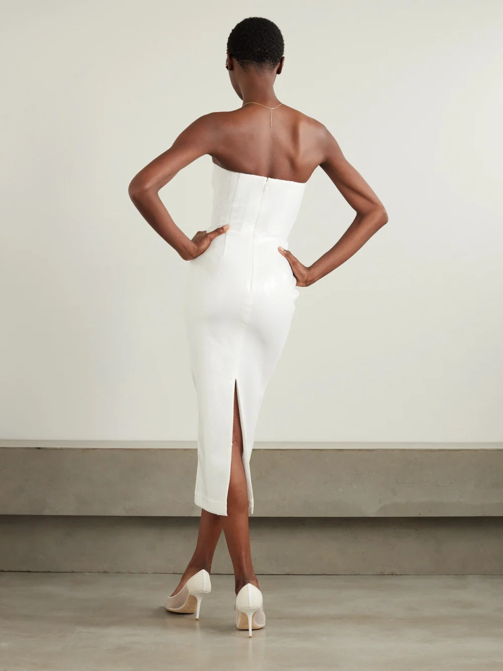 Back view of the Alex Perry Strapless Sequined Crepe Midi Dress