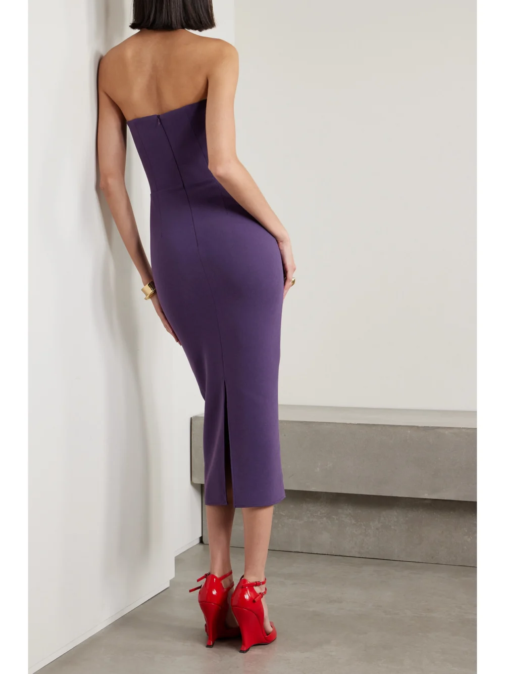 Back view of the Alex Perry Strapless Stretch-crepe Midi Dress