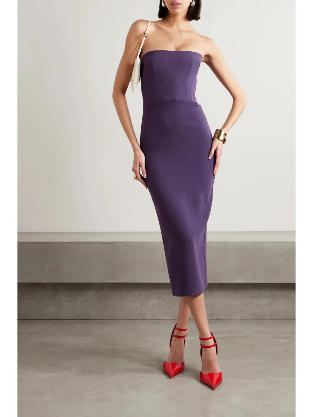 Alex Perry Strapless Stretch-crepe Midi Dress, worn by a model
