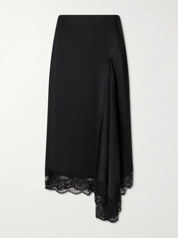 Alexander McQueen Asymmetric Draped Lace-trimmed Crepe Midi Skirt