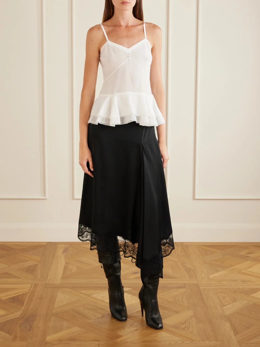 Alexander McQueen Asymmetric Draped Lace-trimmed Crepe Midi Skirt, worn by a model