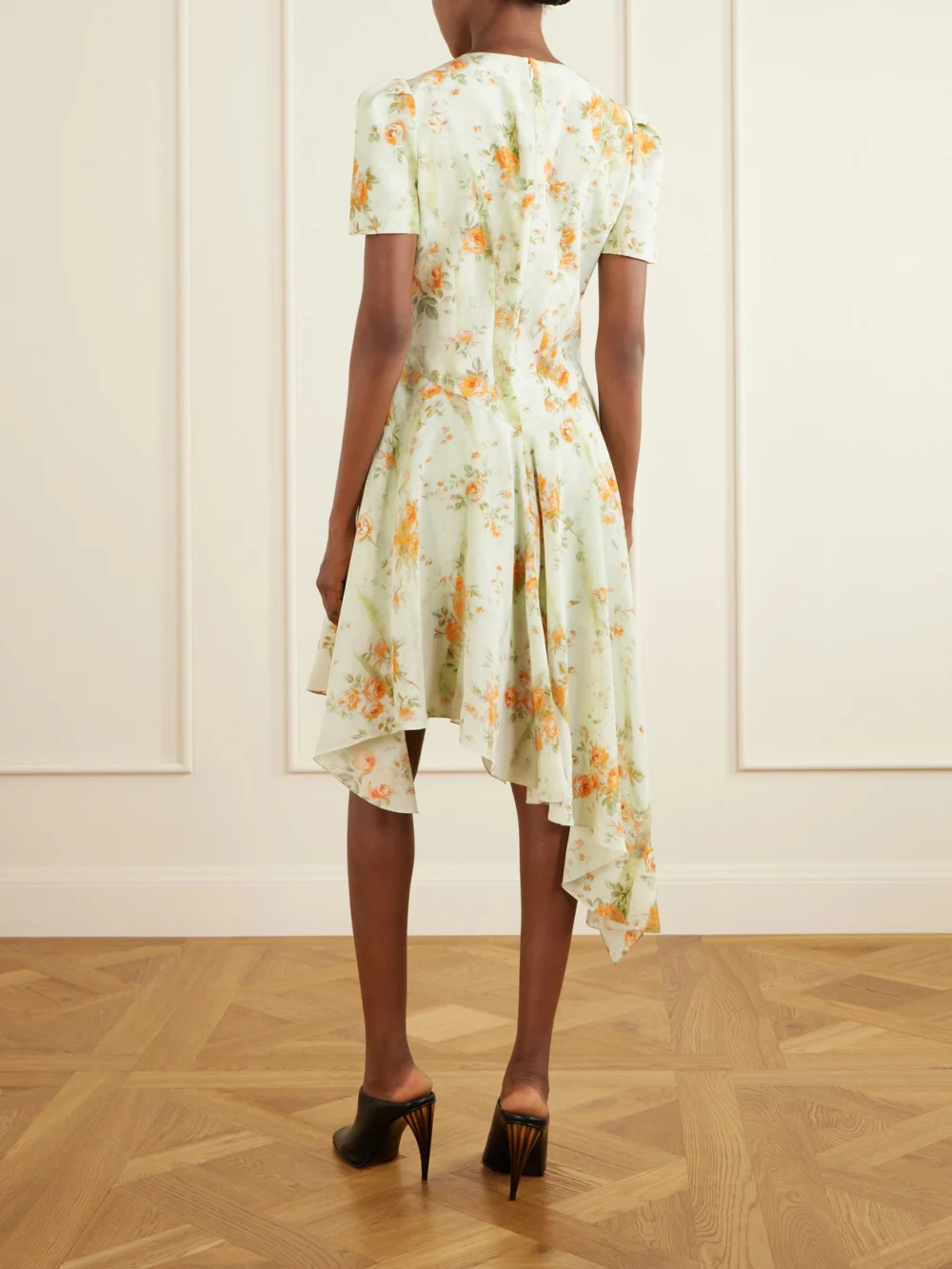 Back view of the Alexander McQueen Asymmetric Floral-print Silk-crepe De Chine Mini Dress
