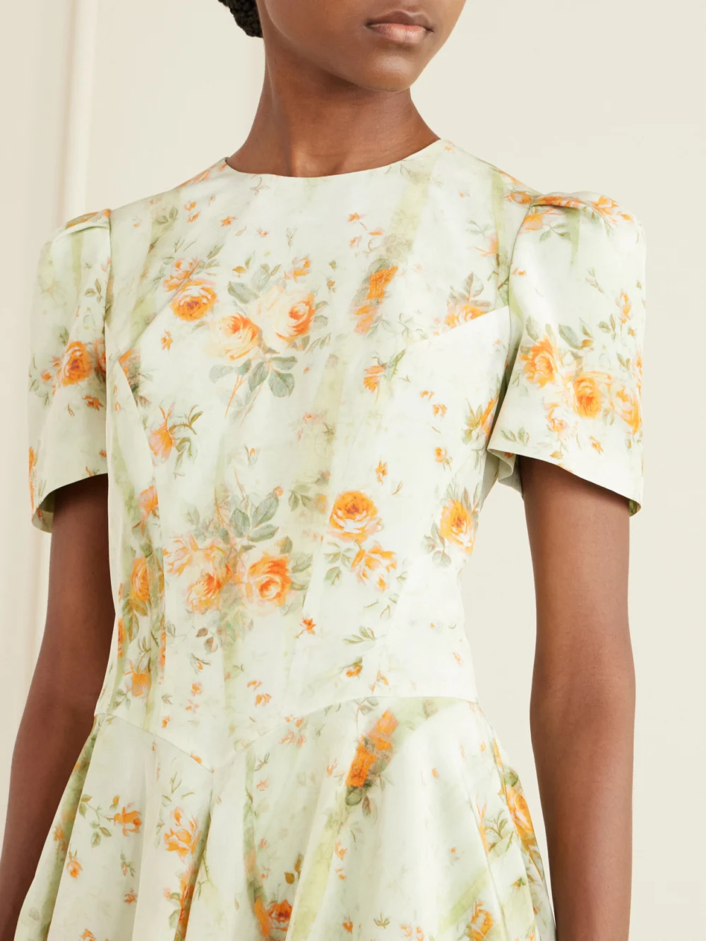 Close-up detail of the Alexander McQueen Asymmetric Floral-print Silk-crepe De Chine Mini Dress
