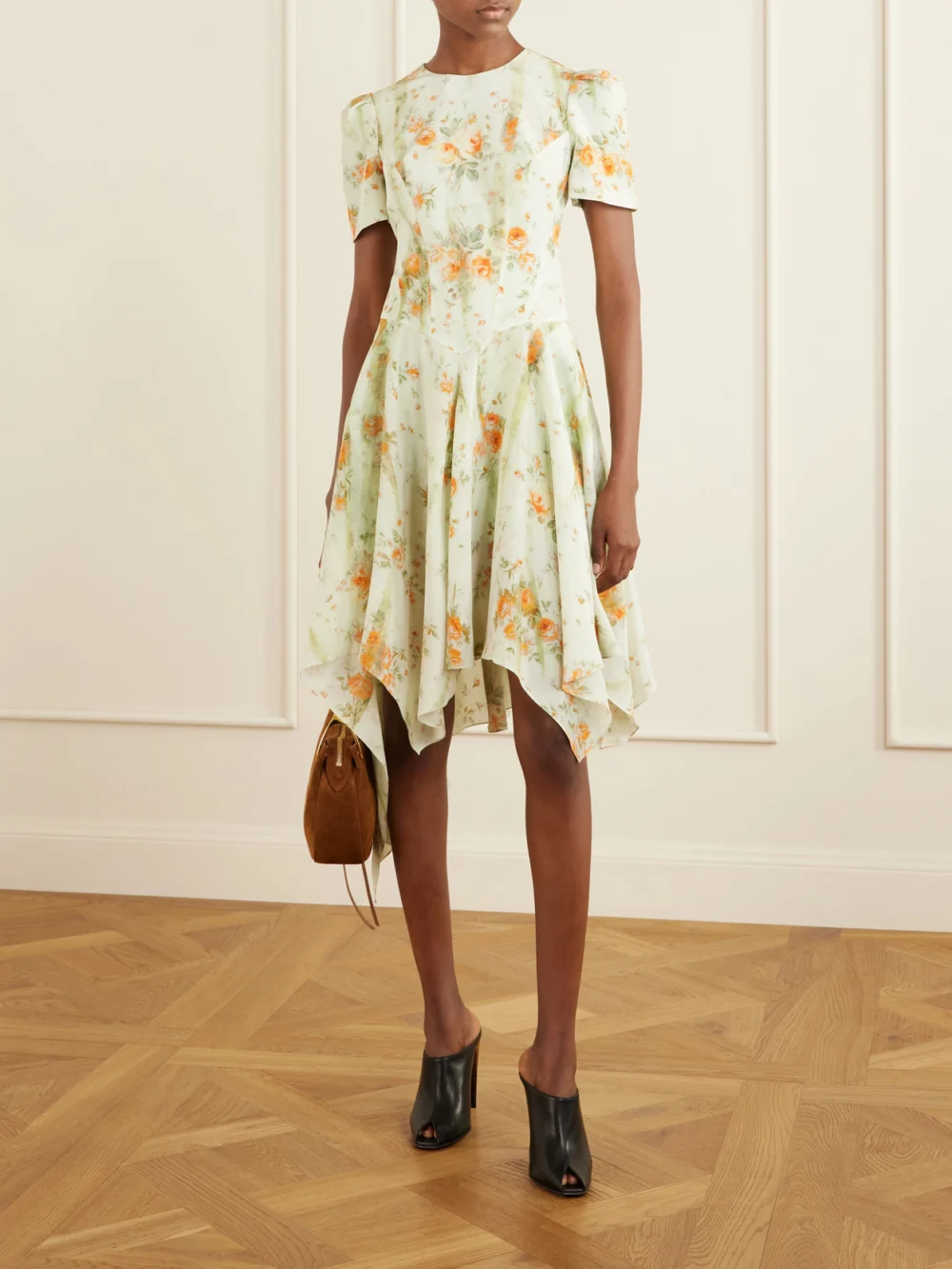 Alexander McQueen Asymmetric Floral-print Silk-crepe De Chine Mini Dress, worn by a model