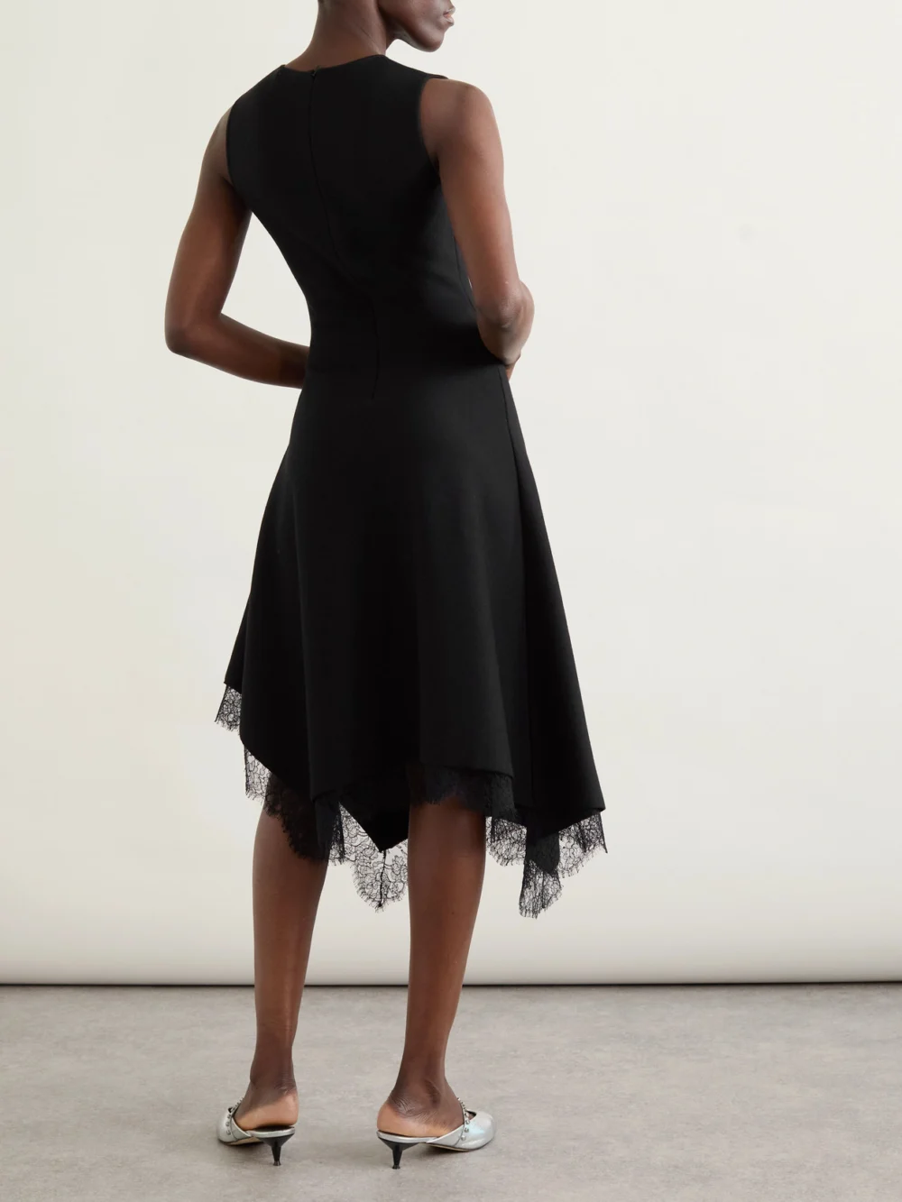 Back view of the Alexander McQueen Asymmetric Lace-trimmed Woven Midi Dress