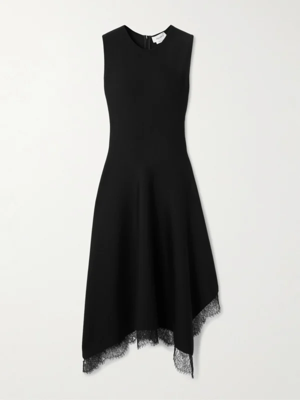 Alexander McQueen Asymmetric Lace-trimmed Woven Midi Dress