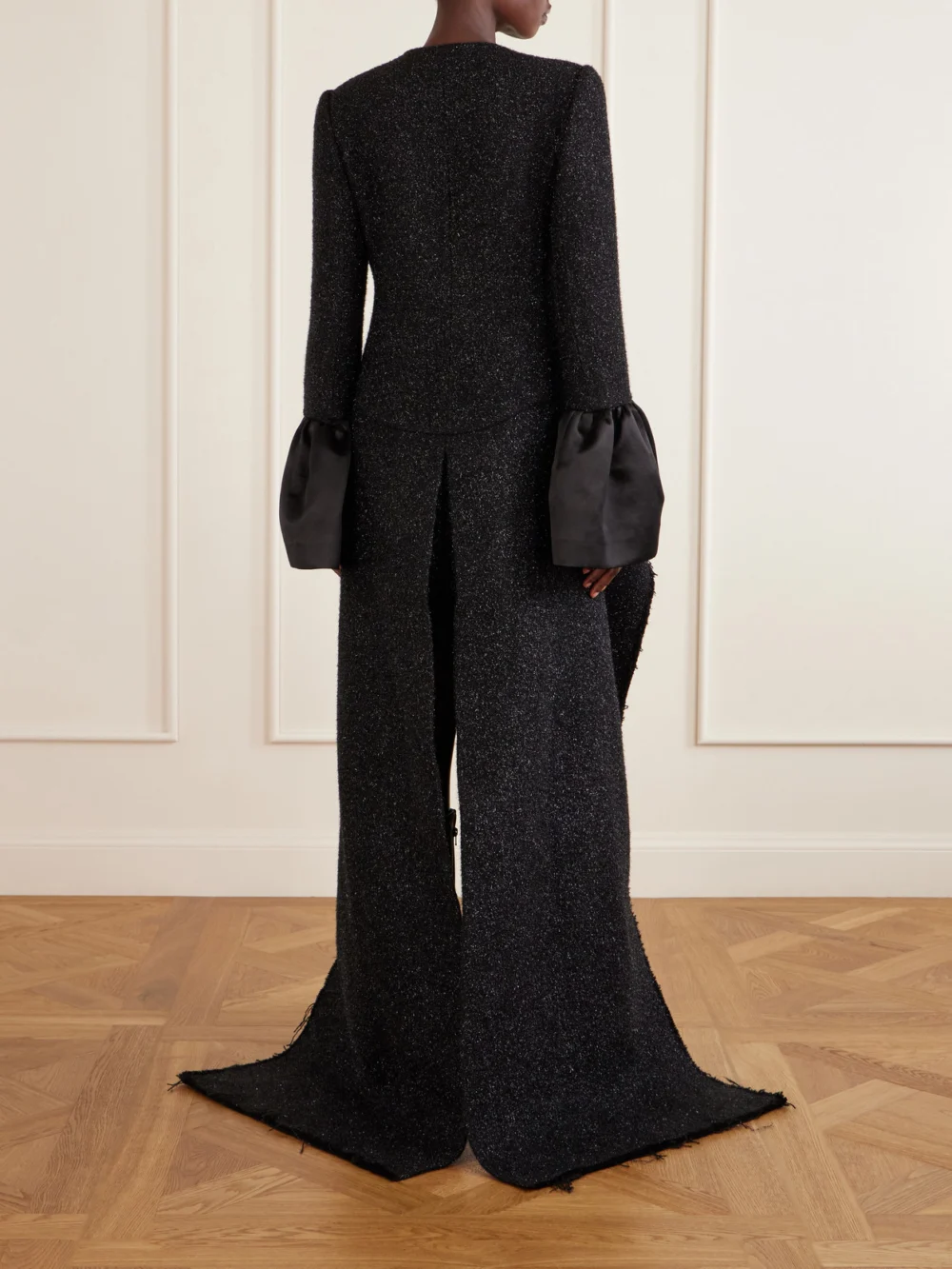 Back view of the Alexander McQueen Asymmetric Satin-trimmed Metallic Long Coat