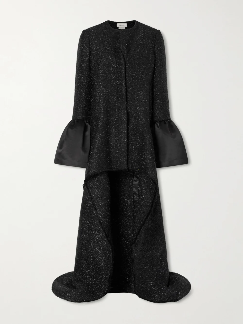 Alexander McQueen Asymmetric Satin-trimmed Metallic Long Coat in black