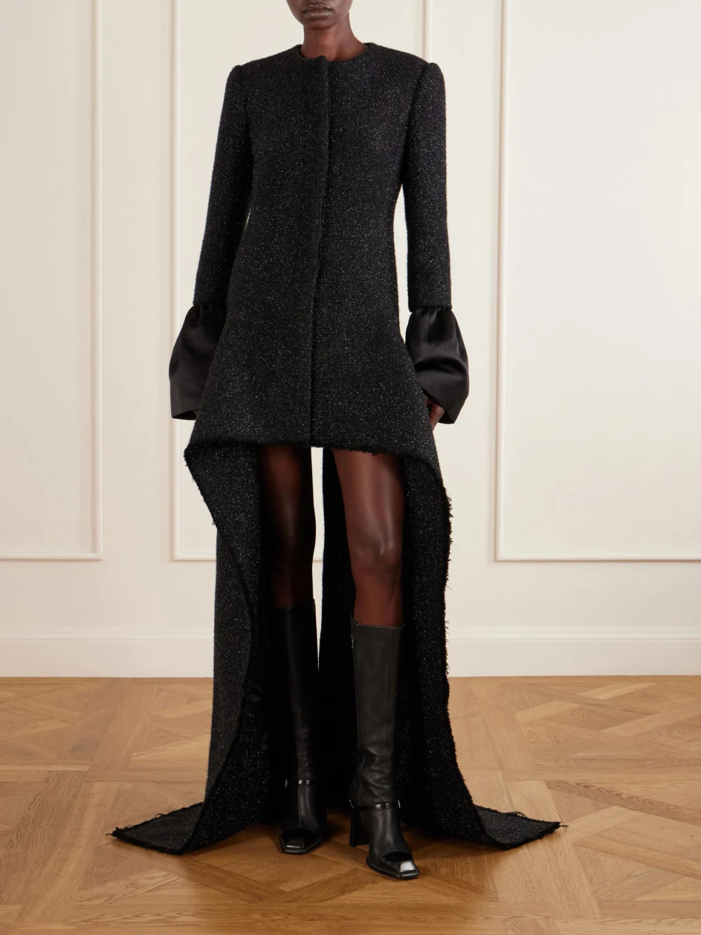 Alexander McQueen Asymmetric Satin-trimmed Metallic Long Coat, worn by a model