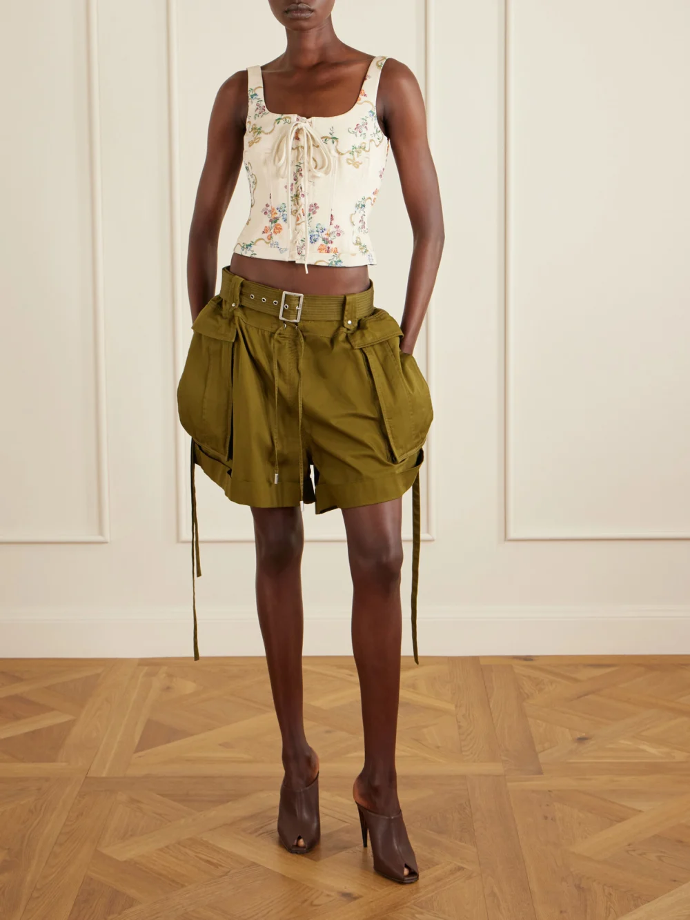 Alexander McQueen Belted Cotton-twill Shorts, worn by a model