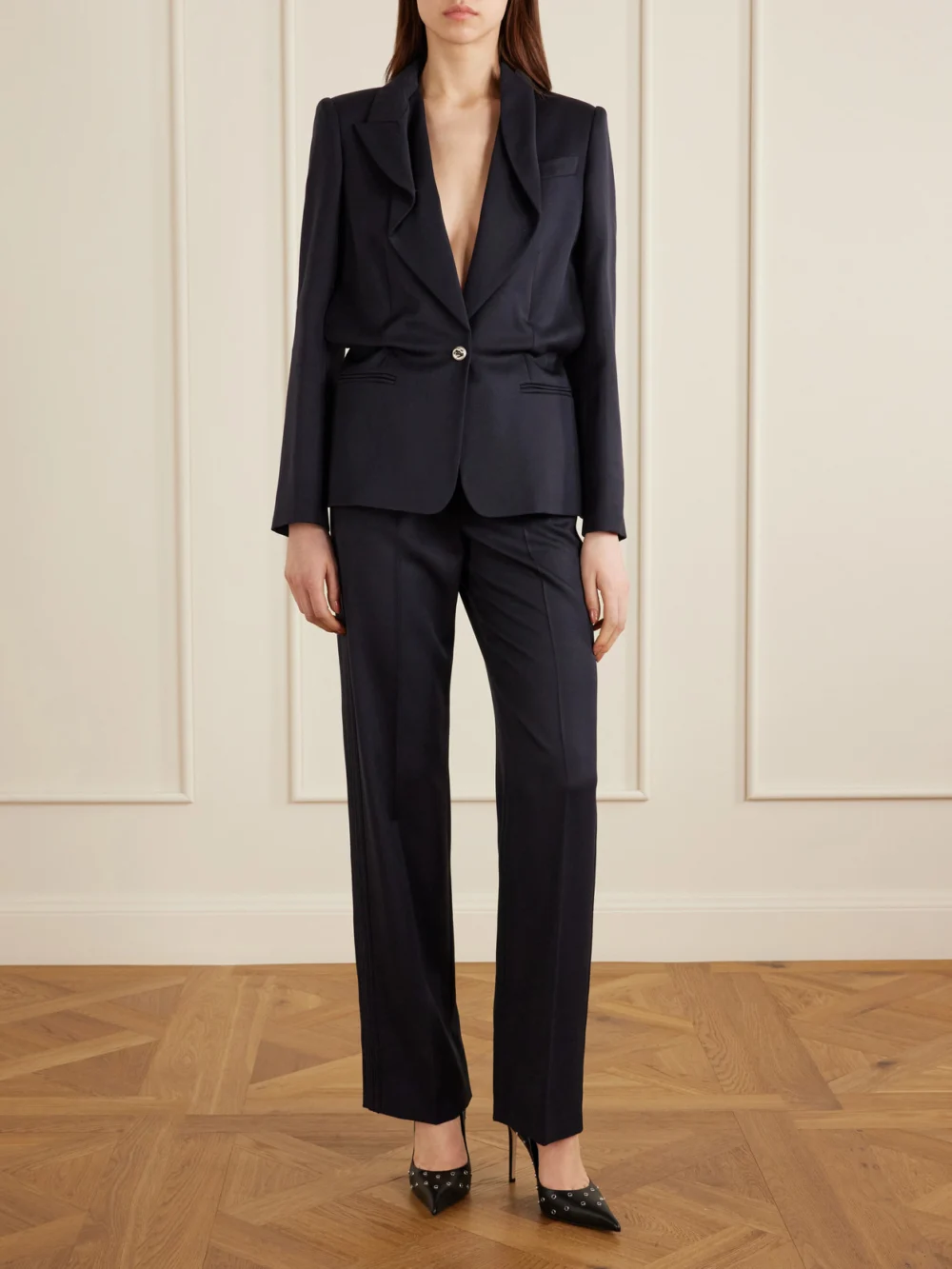 Alexander McQueen Bumster Wool Straight-leg Pants, worn by a model