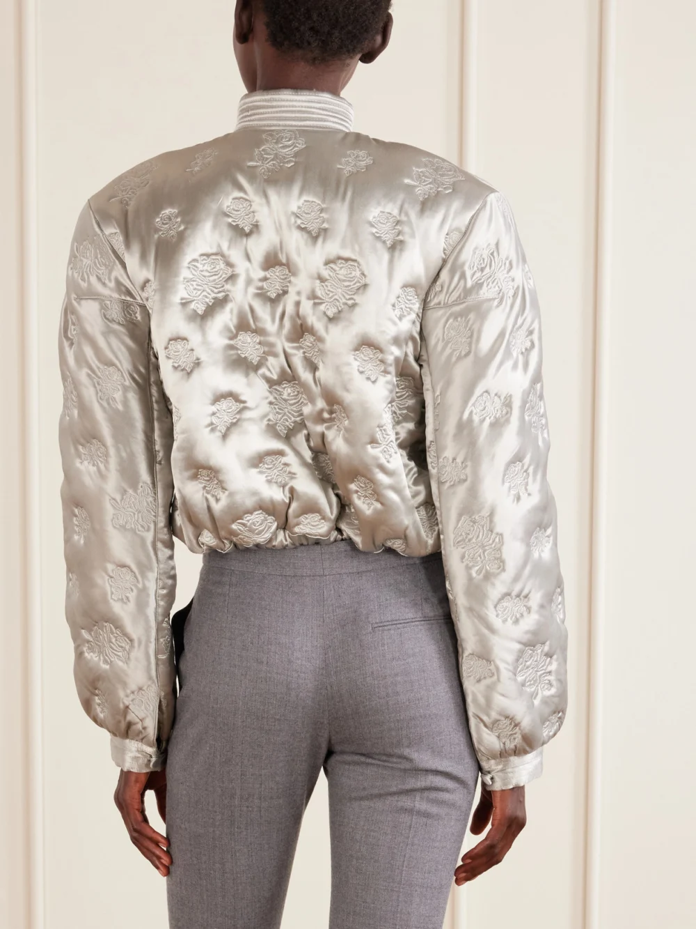 Back view of the Alexander McQueen Cropped Padded Floral-embroidered Satin Jacket