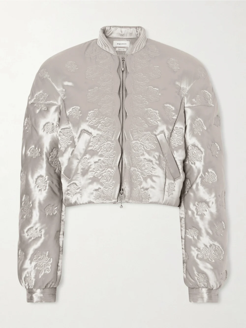 Alexander McQueen Cropped Padded Floral-embroidered Satin Jacket in silver