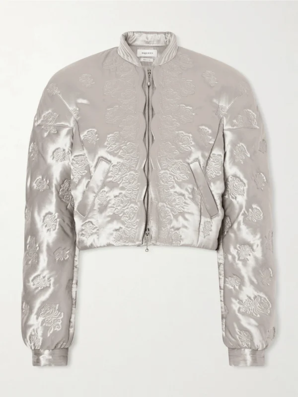 Alexander McQueen Cropped Padded Floral-embroidered Satin Jacket