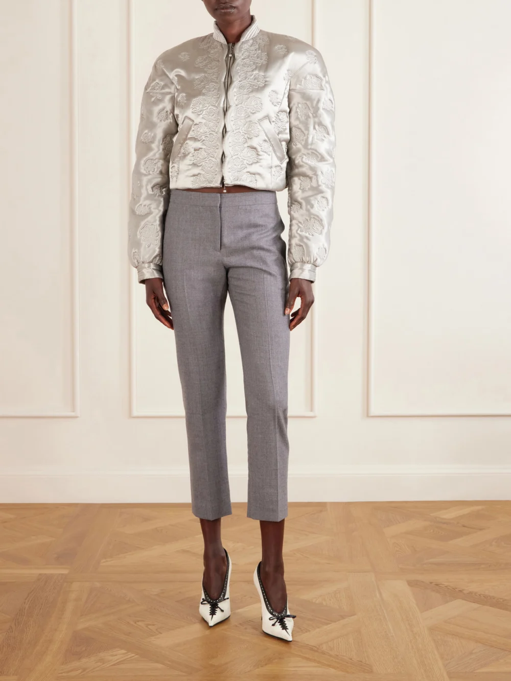 Alexander McQueen Cropped Padded Floral-embroidered Satin Jacket, worn by a model