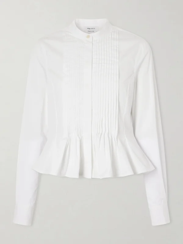 Alexander McQueen Cropped Pleated Cotton-poplin Peplum Blouse