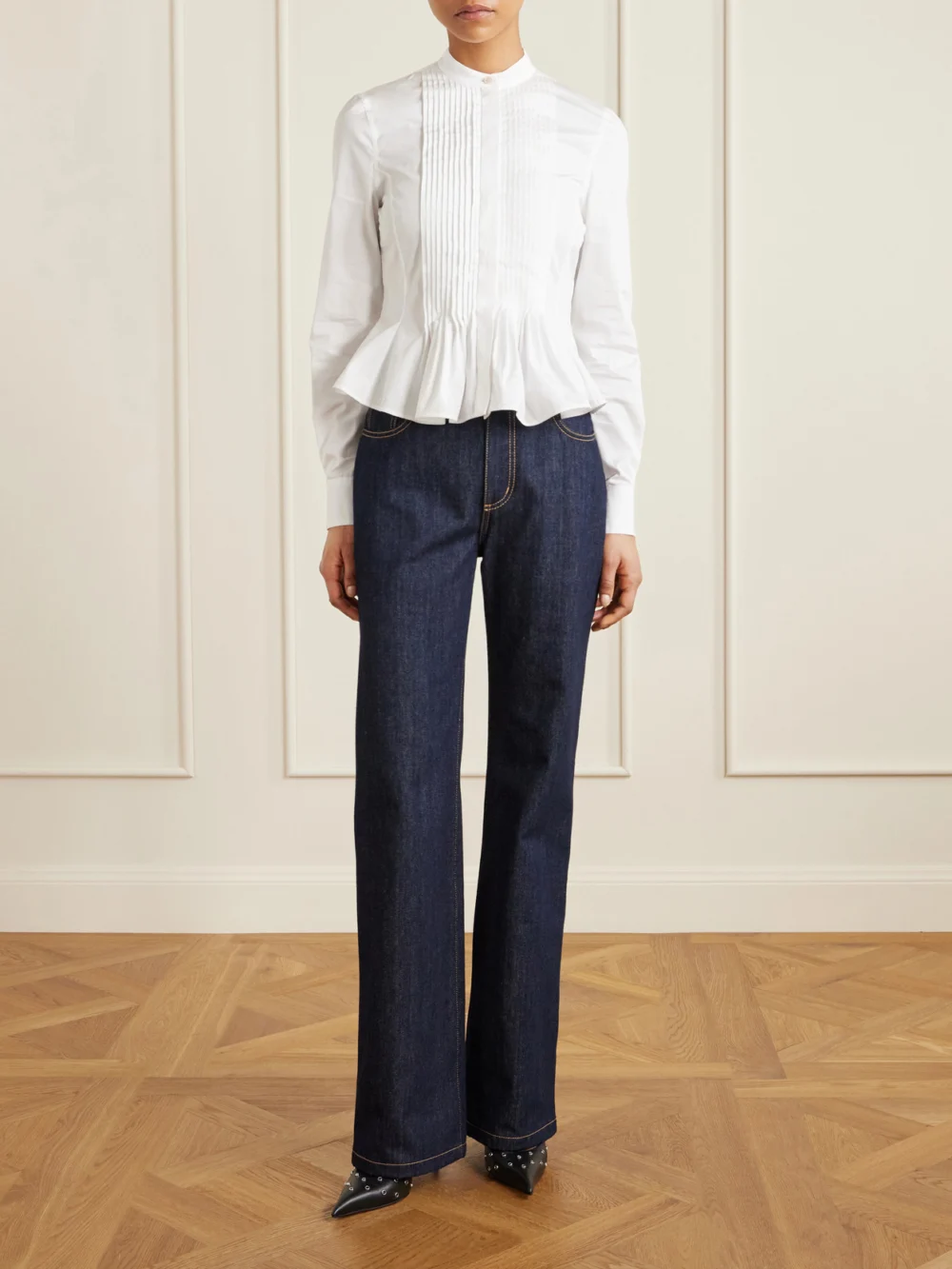 Alexander McQueen Cropped Pleated Cotton-poplin Peplum Blouse, worn by a model