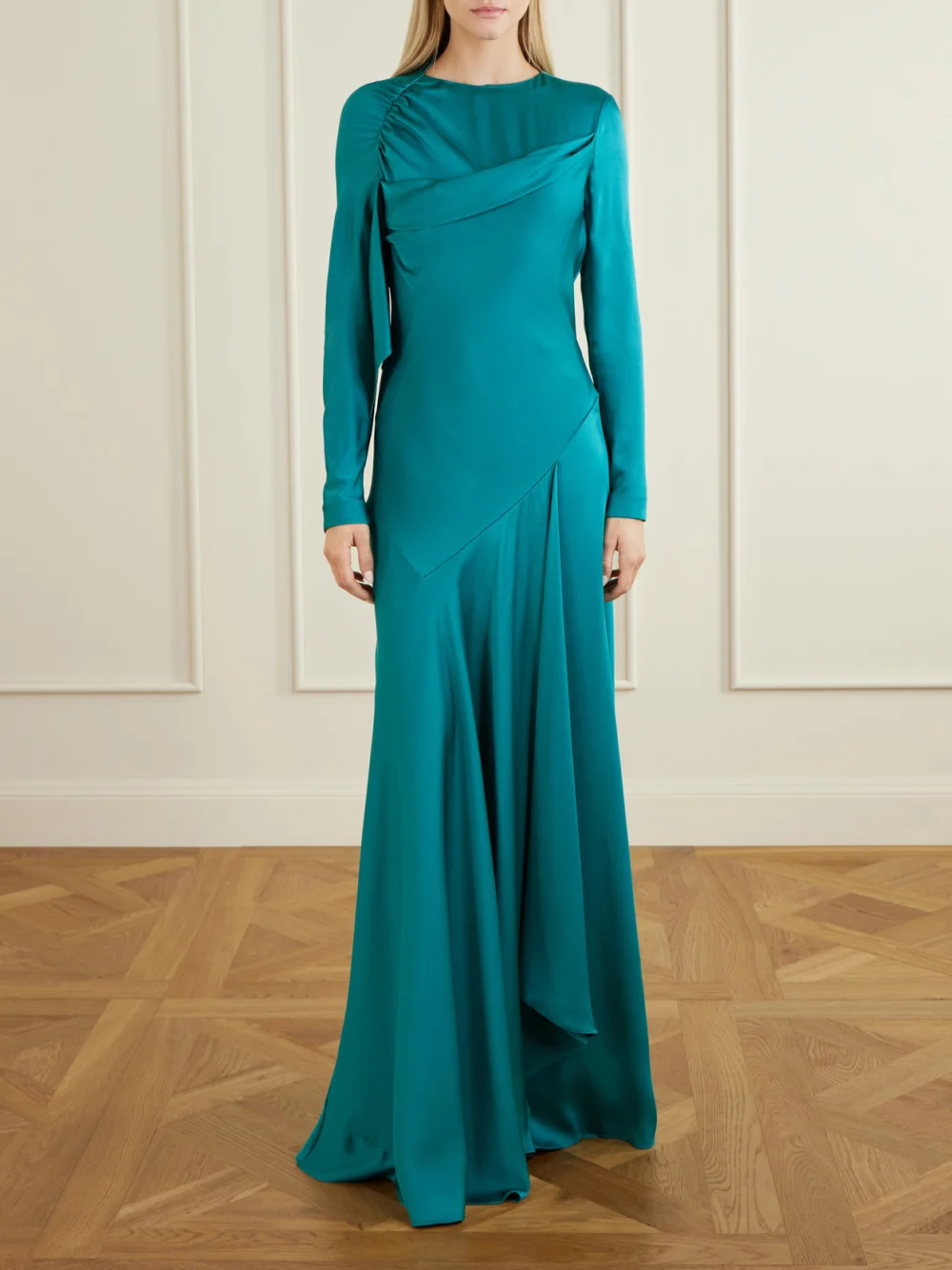 Alexander McQueen Draped Satin Gown, worn by a model
