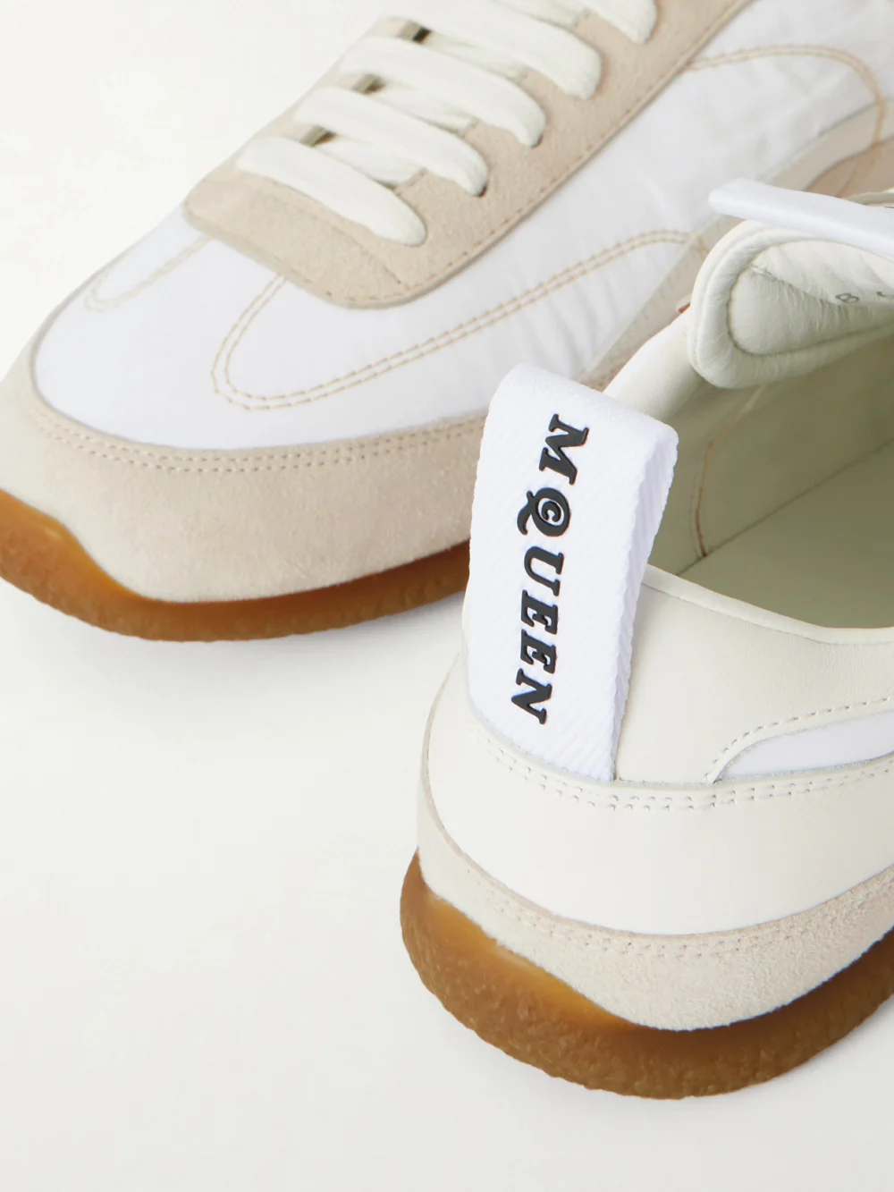 Close-up detail of the Alexander McQueen Ec1 Suede and Leather-trimmed Shell Sneakers