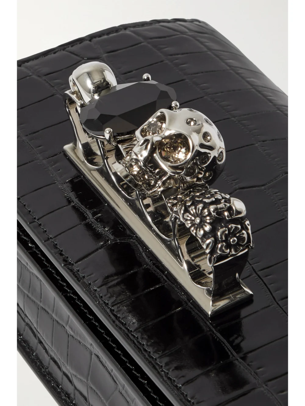 Close-up detail of the Alexander McQueen Embellished Croc-effect Leather Shoulder Bag
