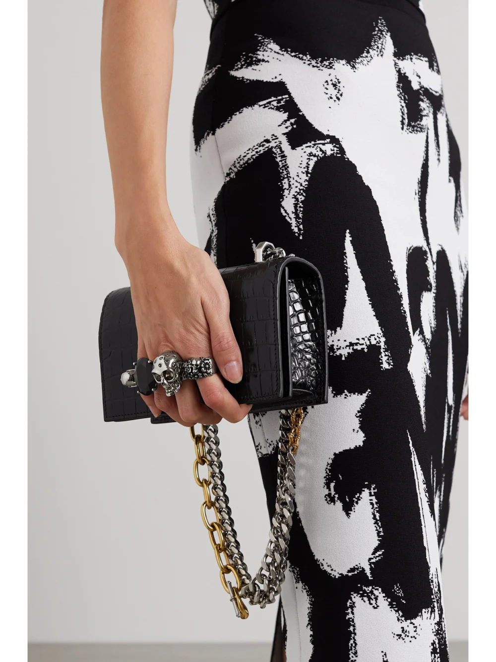 Alexander McQueen Embellished Croc-effect Leather Shoulder Bag, styled view