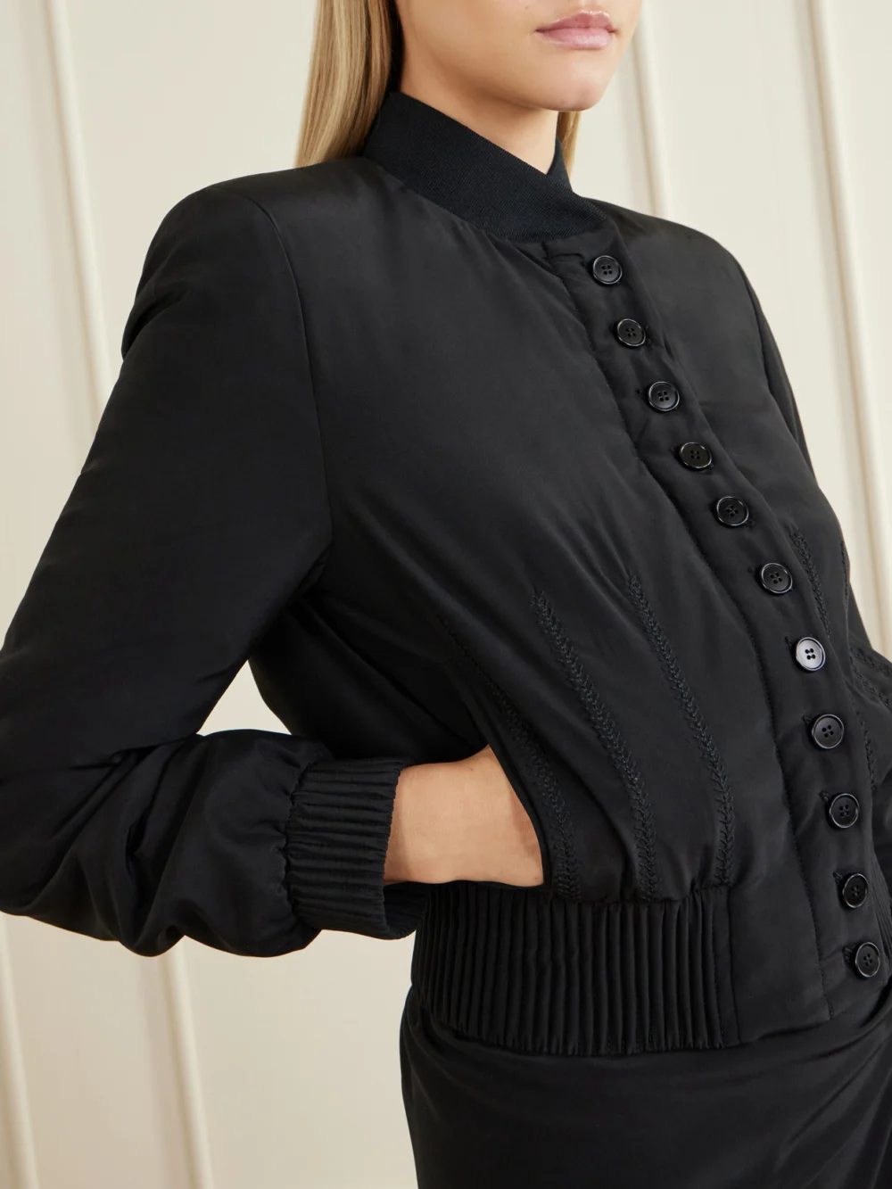 Close-up detail of the Alexander McQueen Embroidered Silk Crepe De Chine Bomber Jacket