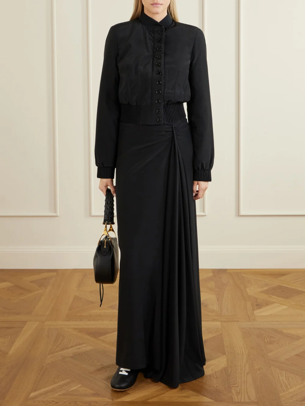 Alexander McQueen Embroidered Silk Crepe De Chine Bomber Jacket, worn by a model