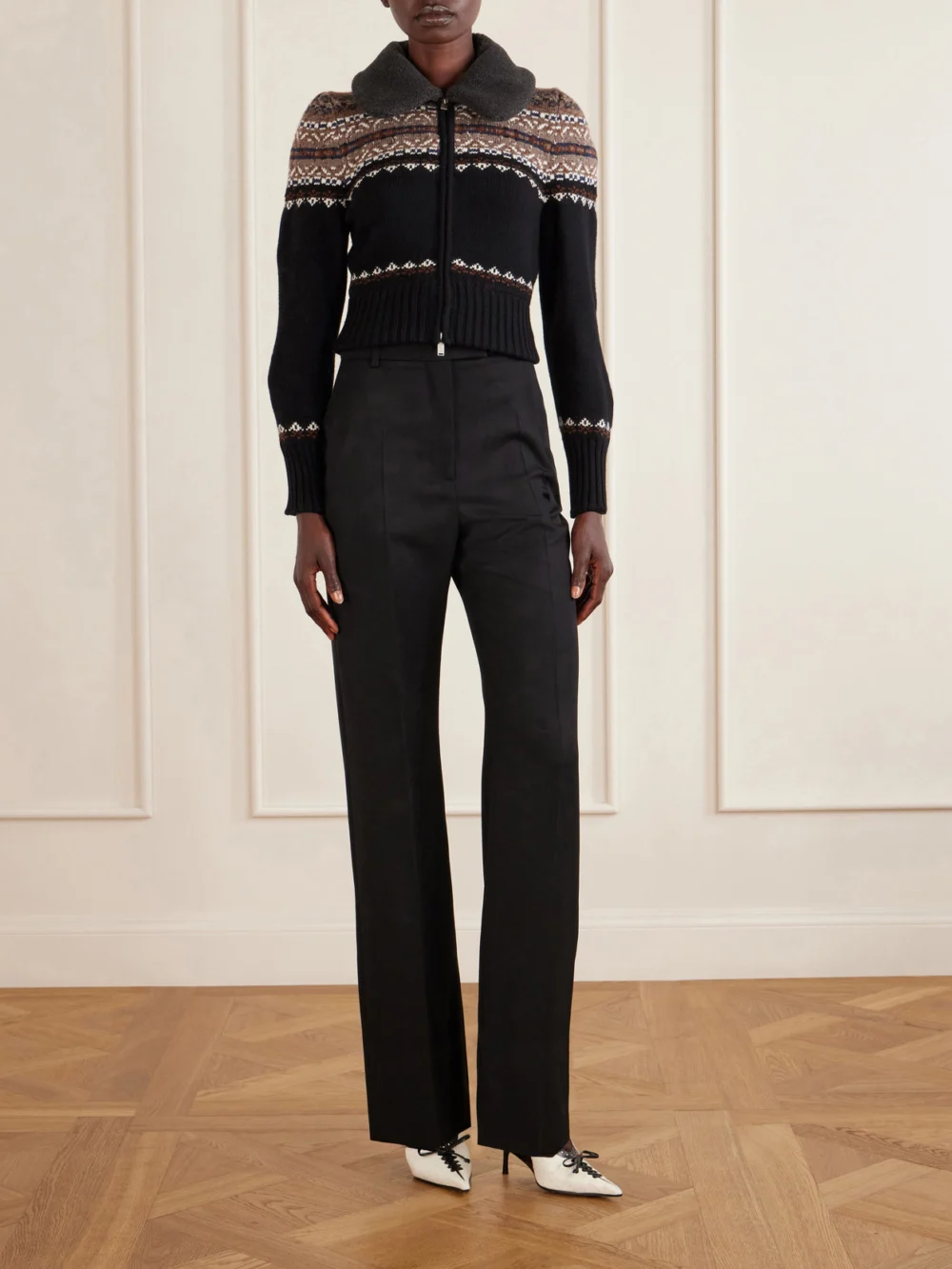 Alexander McQueen Fair Isle Wool Zip-up Cardigan, worn by a model