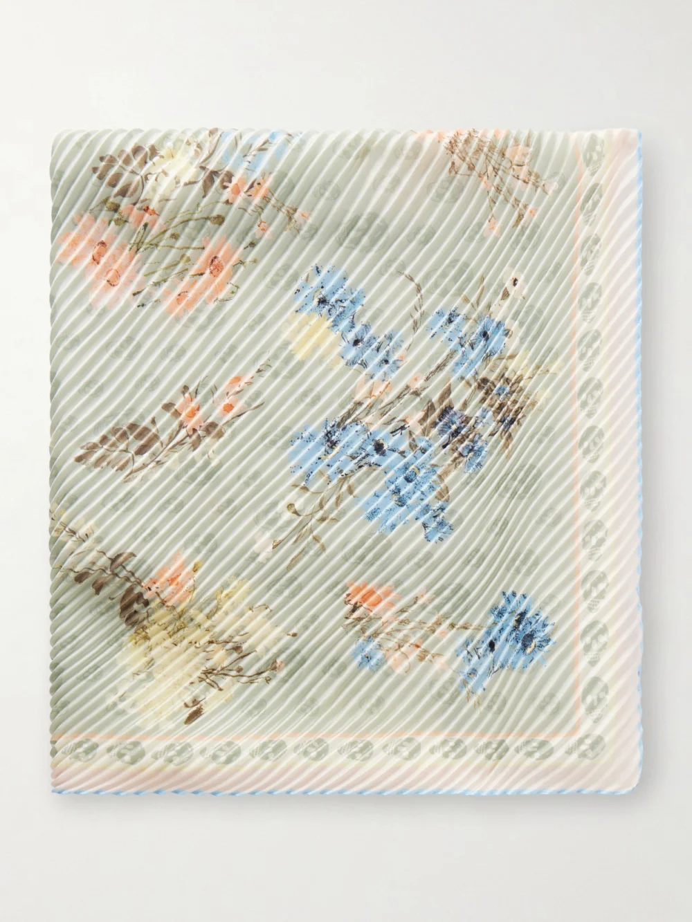 Alexander McQueen Floral-print Plissé Silk-satin Scarf in green