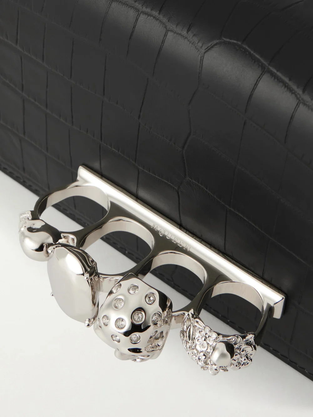 Close-up detail of the Alexander McQueen Jeweled Satchel Mini Embellished Croc-effect Leather Shoulder Bag
