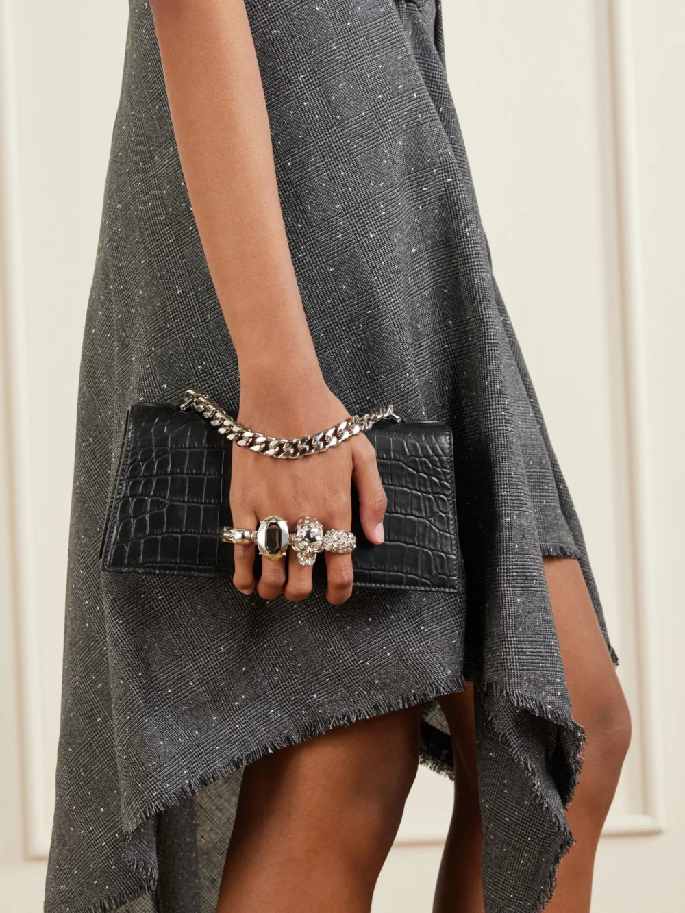 Alexander McQueen Jeweled Satchel Mini Embellished Croc-effect Leather Shoulder Bag, styled view