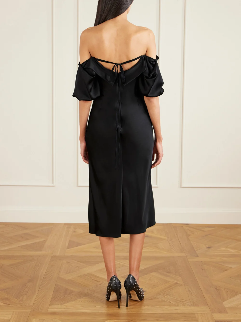 Back view of the Alexander McQueen Off-the-shoulder Draped Satin Midi Dress