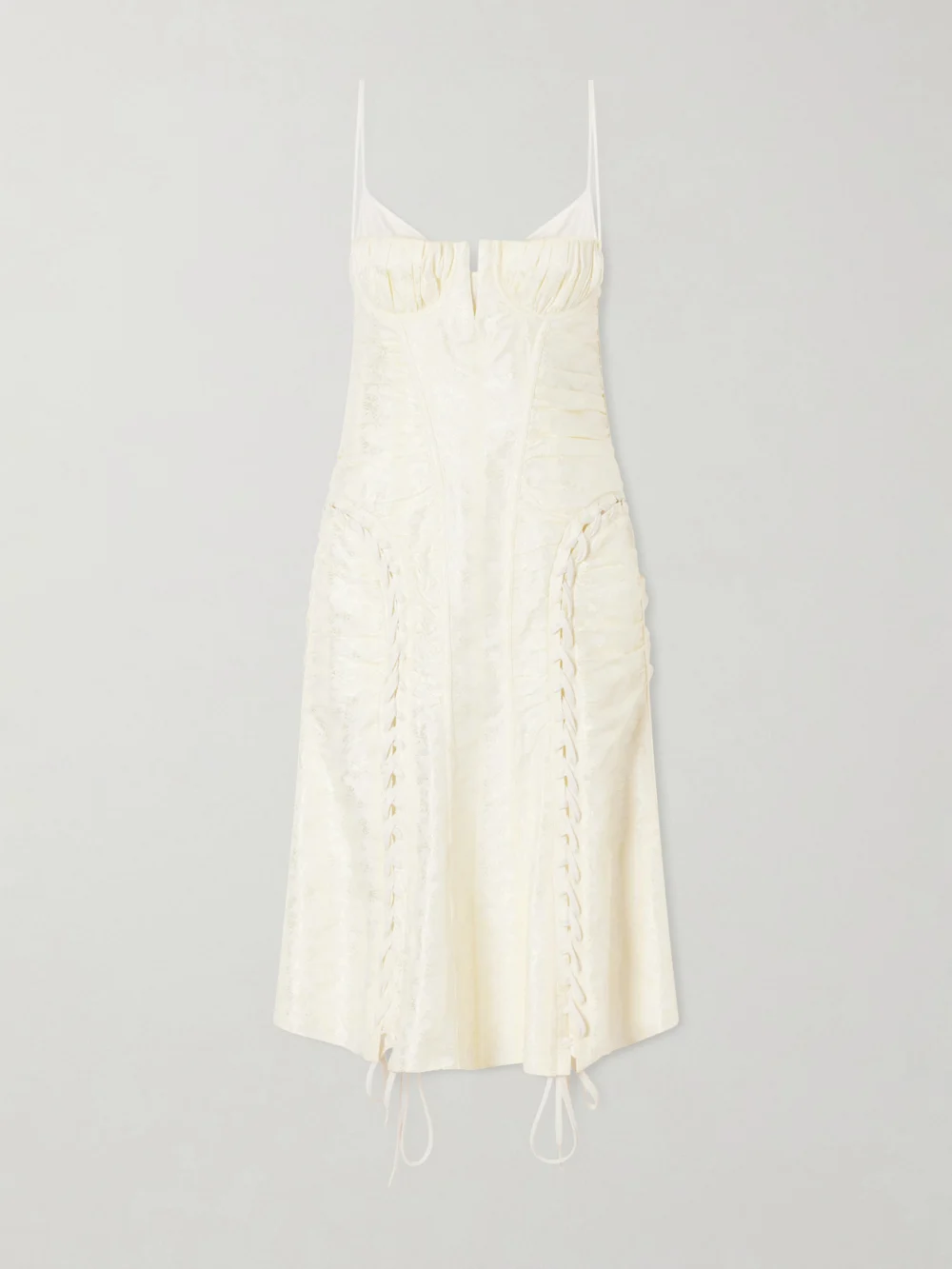 Alexander McQueen Pleated Paneled Satin Brocade Midi Dress in cream