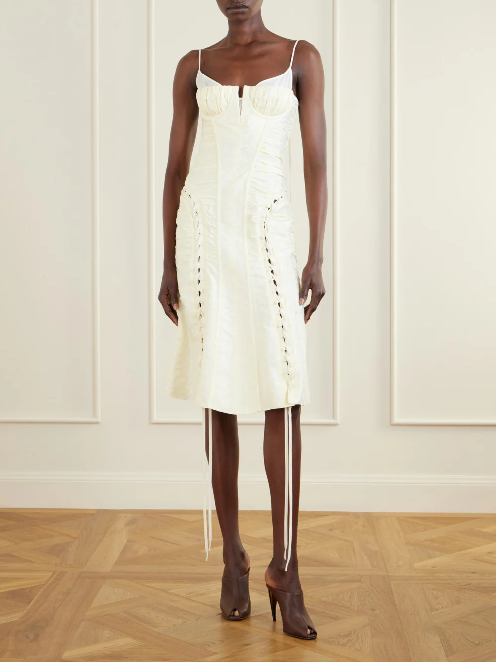Alexander McQueen Pleated Paneled Satin Brocade Midi Dress, worn by a model