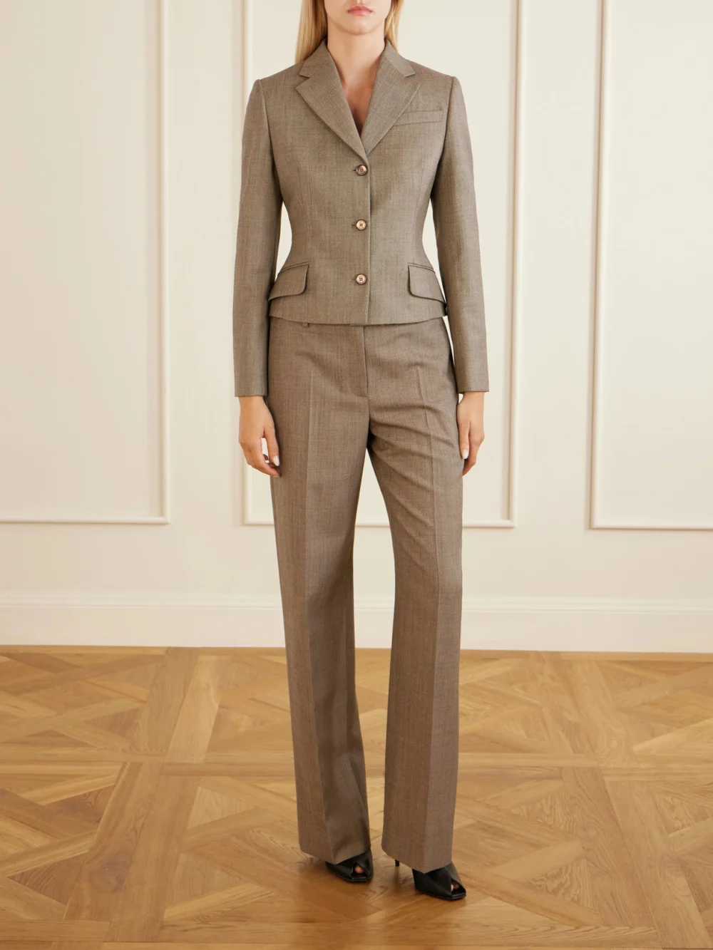 Alexander McQueen Pleated Wool-gabardine Straight-leg Pants, worn by a model