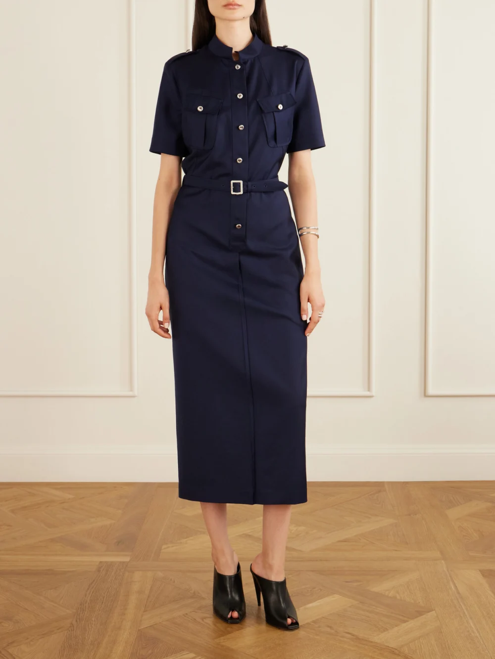 Alexander McQueen Police Belted Pleated Midi Dress, worn by a model