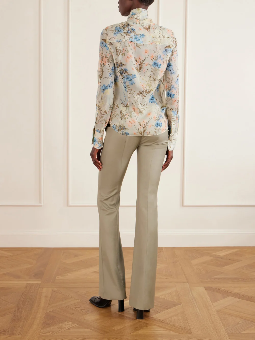 Back view of the Alexander McQueen Pussy-bow Floral-print Silk-chiffon Blouse