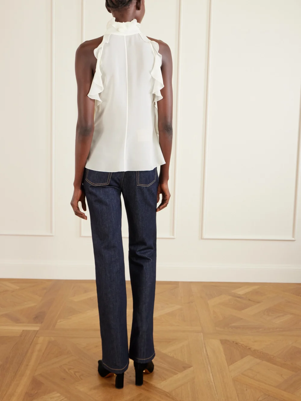 Back view of the Alexander McQueen Ruffled Cutout Silk-georgette Top
