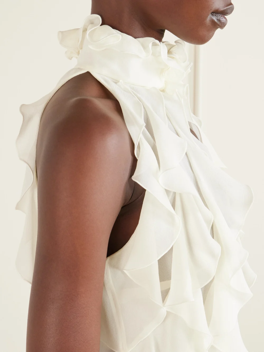 Close-up detail of the Alexander McQueen Ruffled Cutout Silk-georgette Top