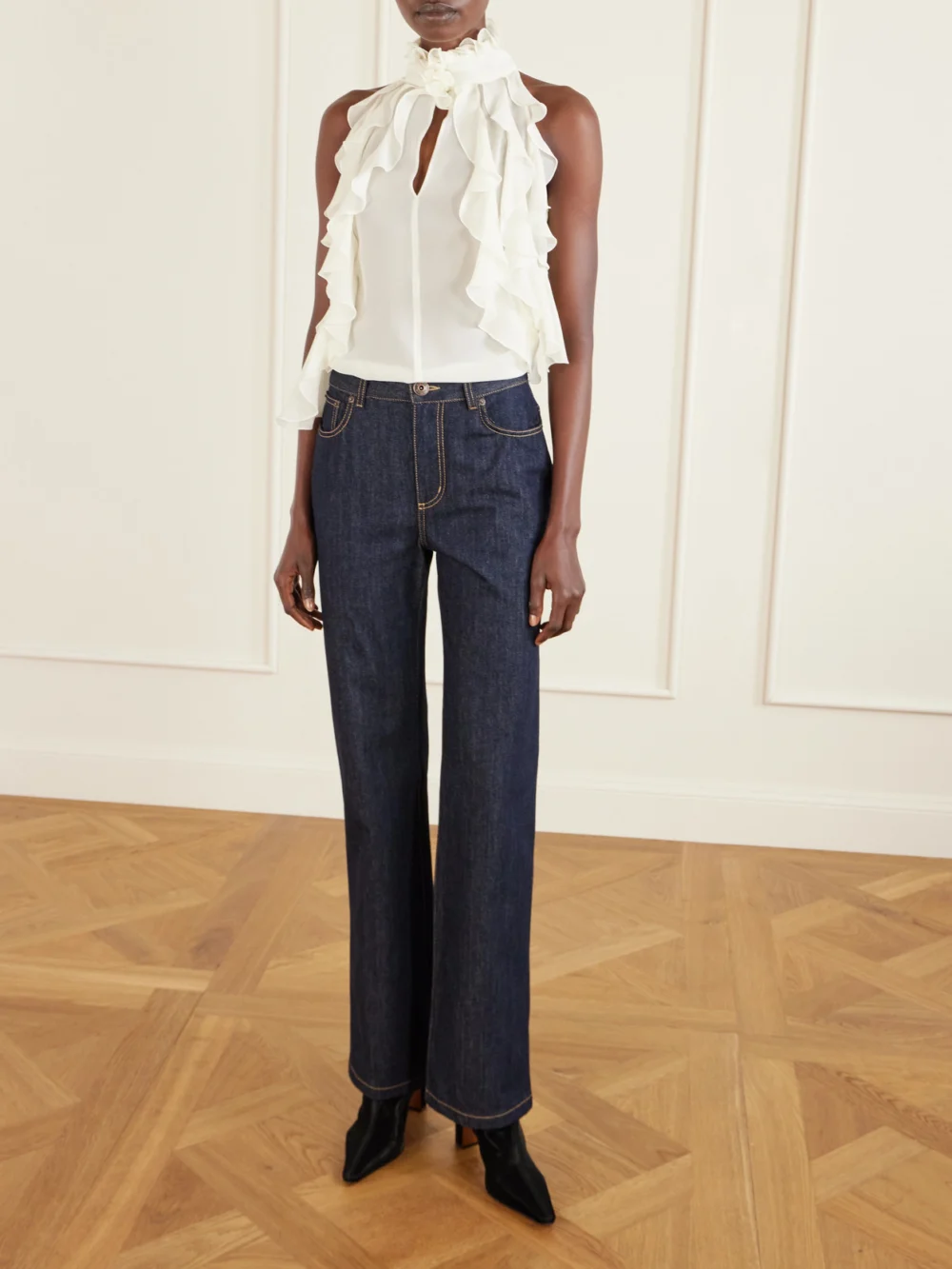 Alexander McQueen Ruffled Cutout Silk-georgette Top, worn by a model