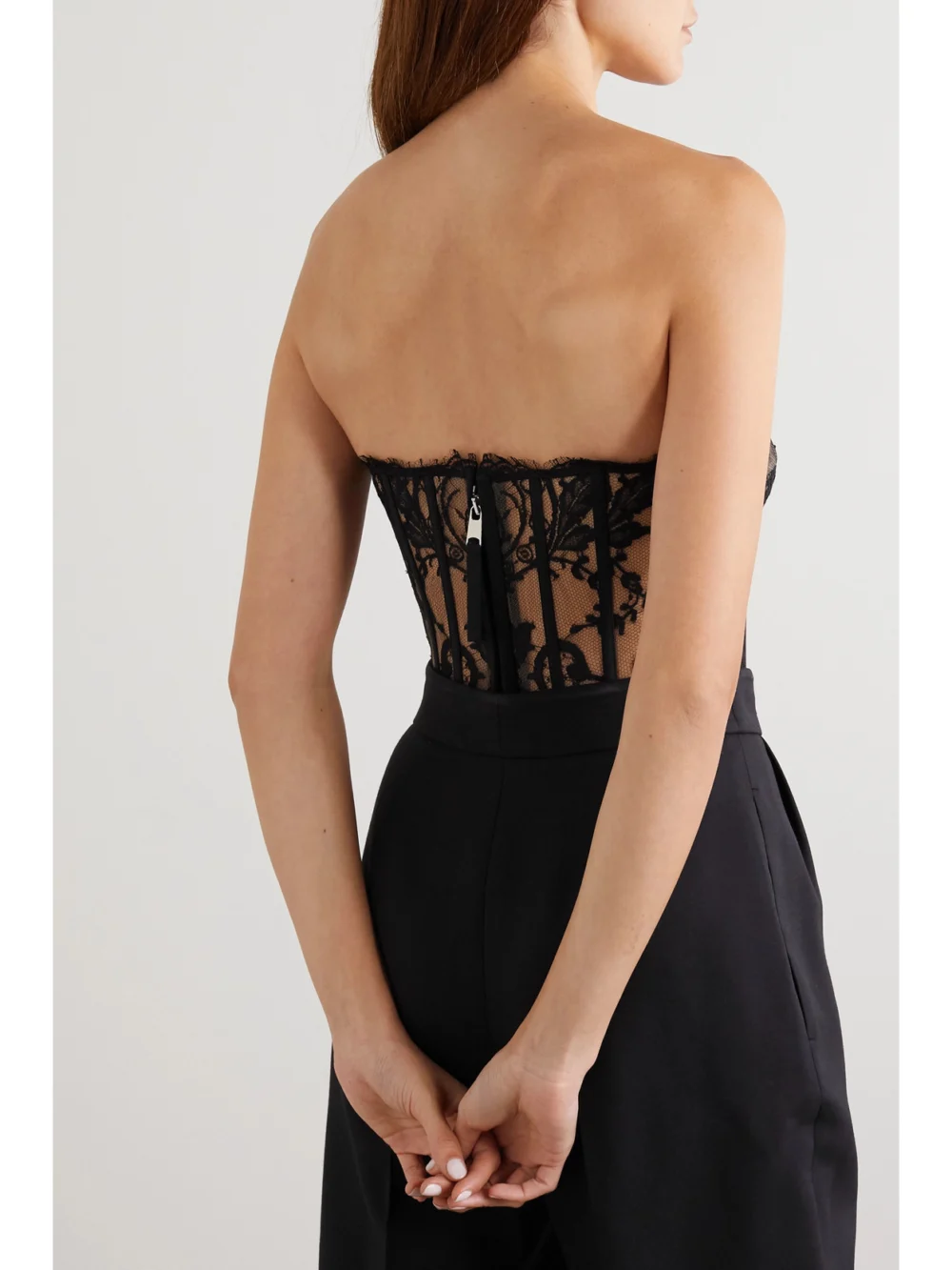 Back view of the Alexander McQueen Satin-trimmed Cotton-blend Corded Lace Bustier Top