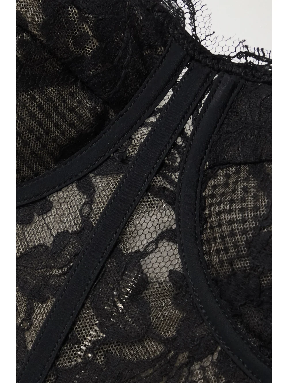Close-up detail of the Alexander McQueen Satin-trimmed Cotton-blend Corded Lace Bustier Top