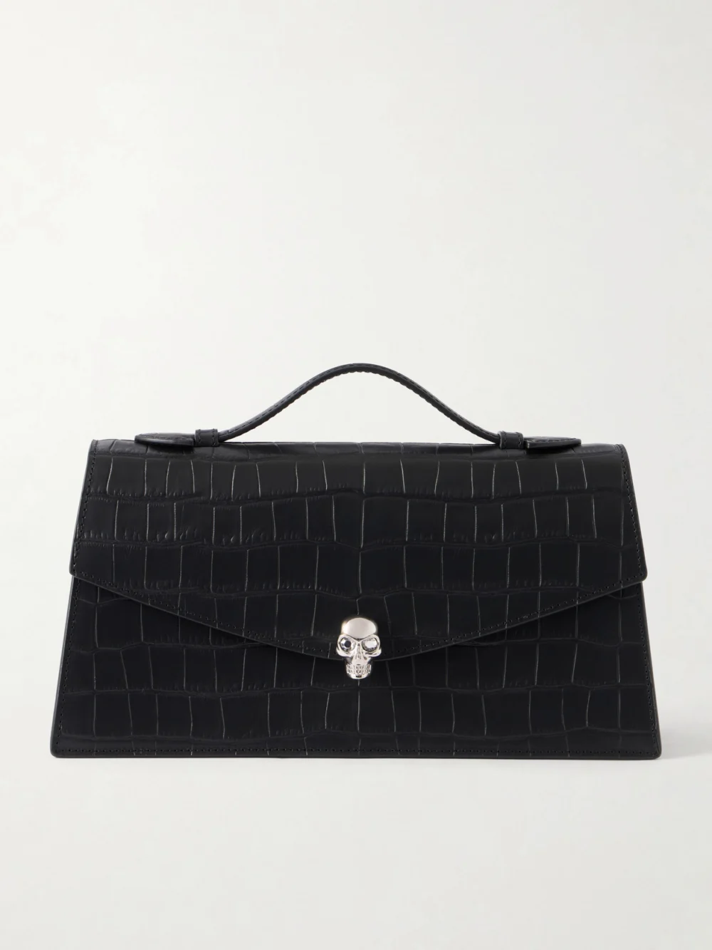 Alexander McQueen Skull Embellished Croc-effect Leather Clutch in black