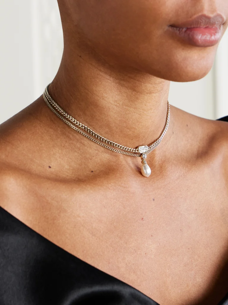 Alexander McQueen Skull Gold-tone, Crystal and Pearl-like Necklace