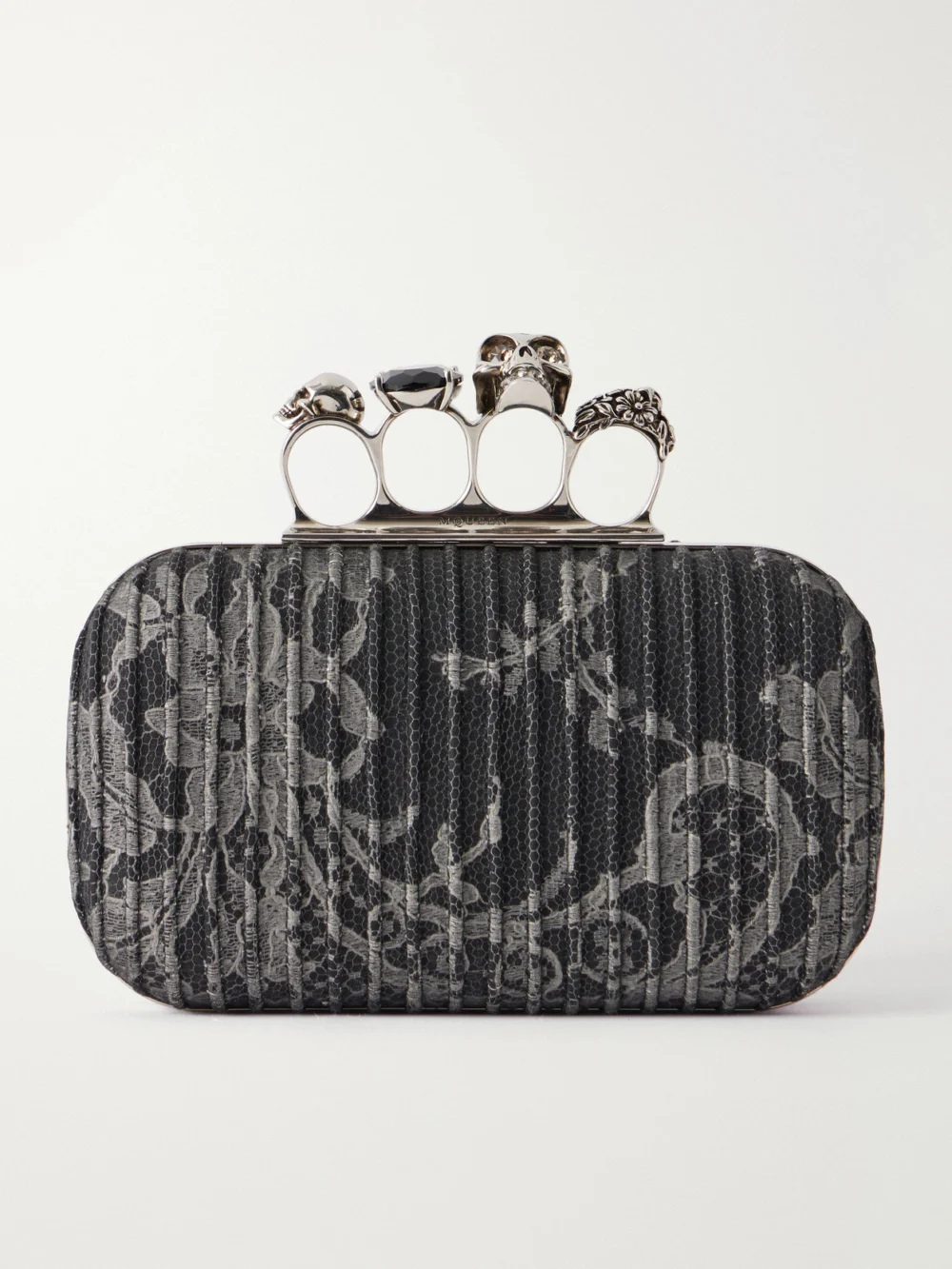Alexander McQueen Skull Lace-trimmed Brocade Clutch in black