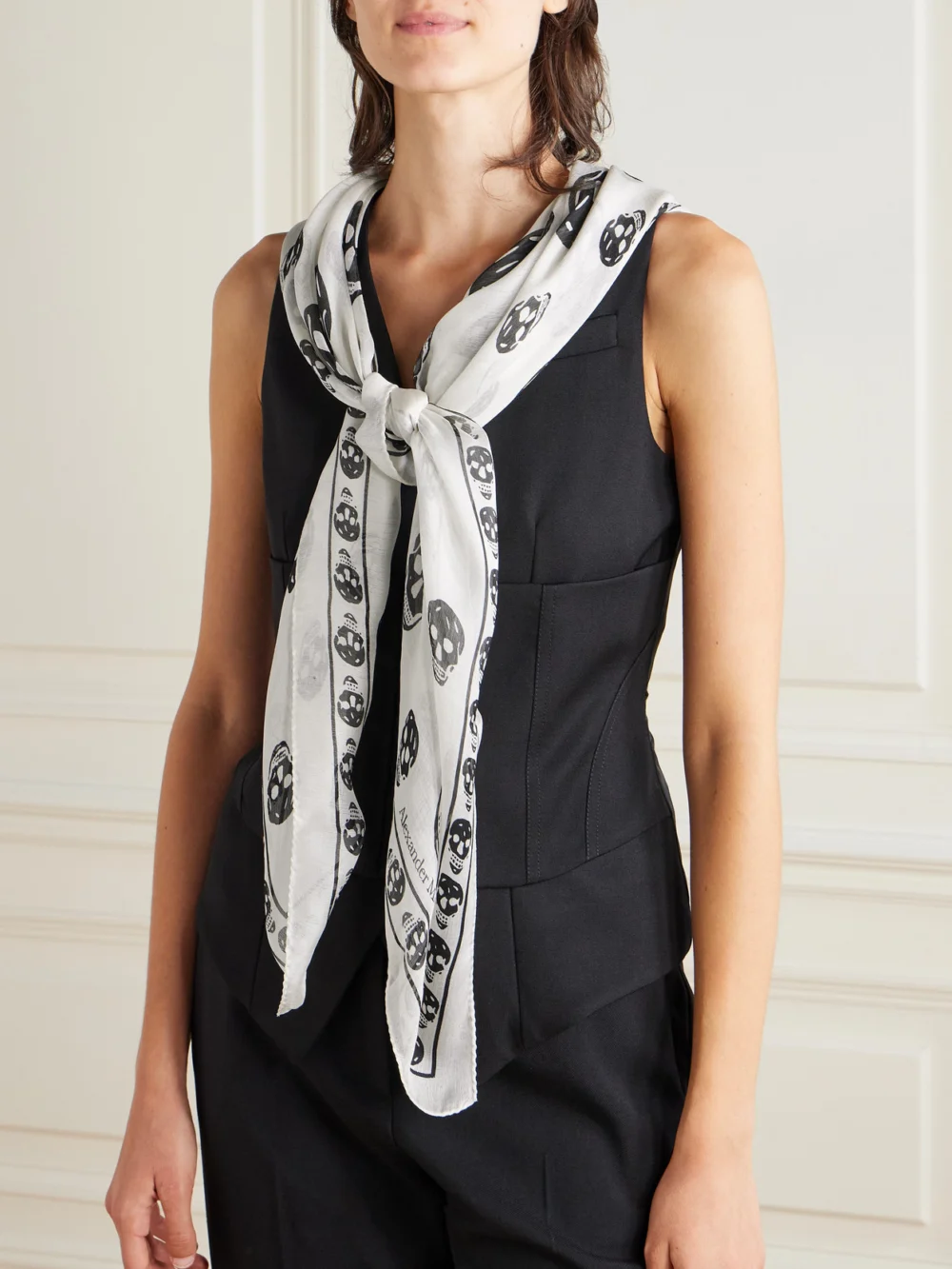 Alexander McQueen Skull Printed Silk-chiffon Scarf, styled view