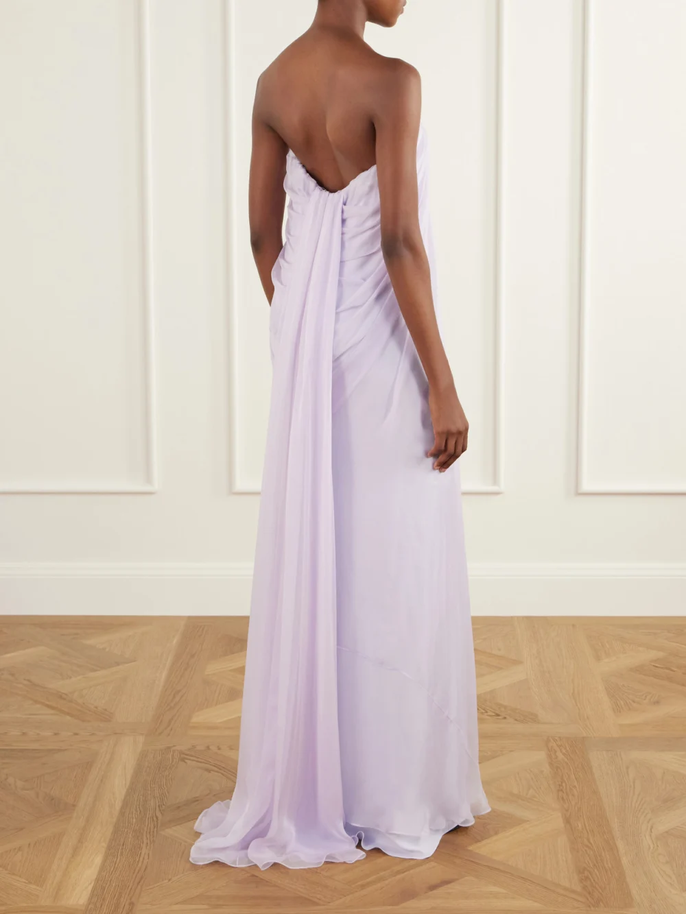 Back view of the Alexander McQueen Strapless Draped Silk Bustier Maxi Dress